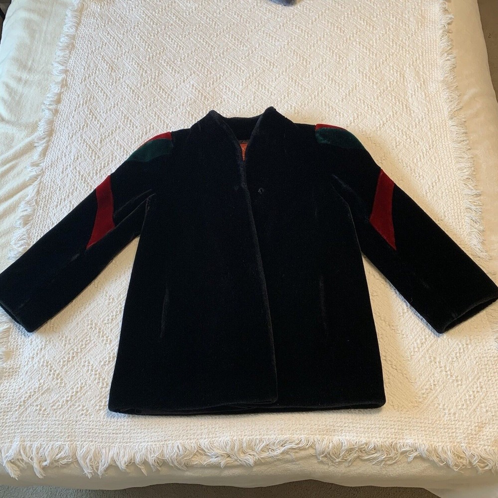 Vintage Sasson Borgazia 80's Women’s Faux Fur Black Coat striped sleeves Size 14